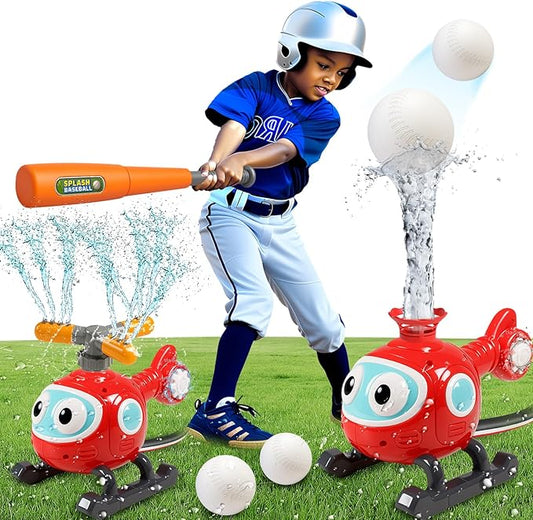 2 in 1 Water Sprinklers T Ball Set for Kids & Toddlers, Outdoor Baseball and Spray Play Toy, Backyard Summer Yard Games, Connects to Garden Hose, Fun Water Toys for Lawn, Pool or Party Activities