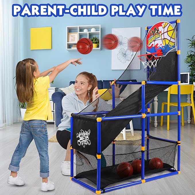 AOKESI Arcade Basketball Game Set for Kids, Toddler Basketball Hoop with 4 Balls Indoor and Outdoor Sports Toys Gifts for Boys Girls Aged 3-4 5-6 7-12 Years Old Adjustable Height Stand