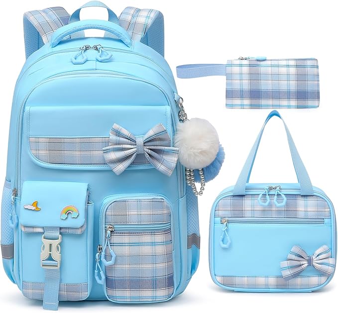 School Backpack for Girls Kids Bookbag for Elementary Middle School Casual Travel Daypack Teen Backpacks Blue Set