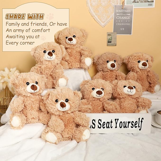 Jenaai 8 Pcs 10 Inches Stuffed Animal Bear Bulk Gift Soft Cute Baby Shower Bear Small Stuffed Plush Toys for Girls, Boys, Back to School Birthday Wedding Party(Classic Style)