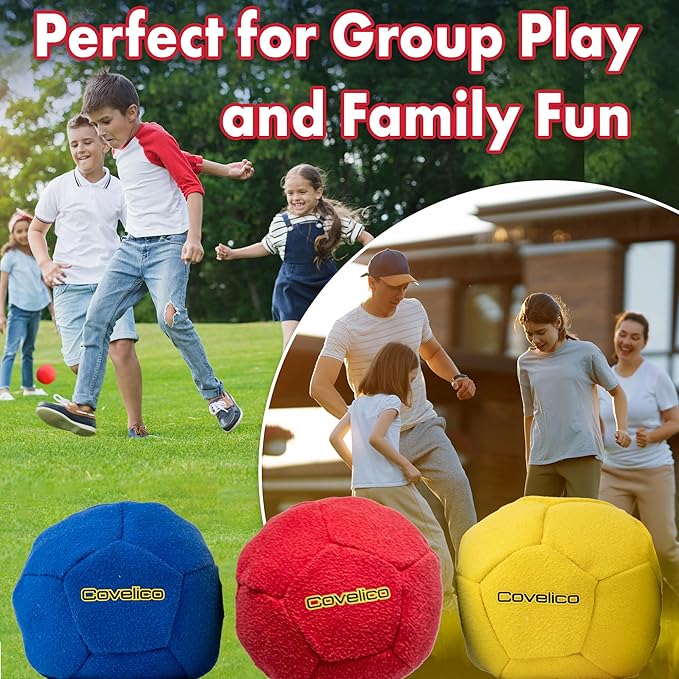 Footbag Hacky Set of 3 for Kids, Teens & Adults. Yellow, Blue & Red Sack - Each 2.28 inch, 1.6oz, Durable Dual Layered Synthetic Suede, Instructions & Stylish Bag, Solo or Group Footbag Game