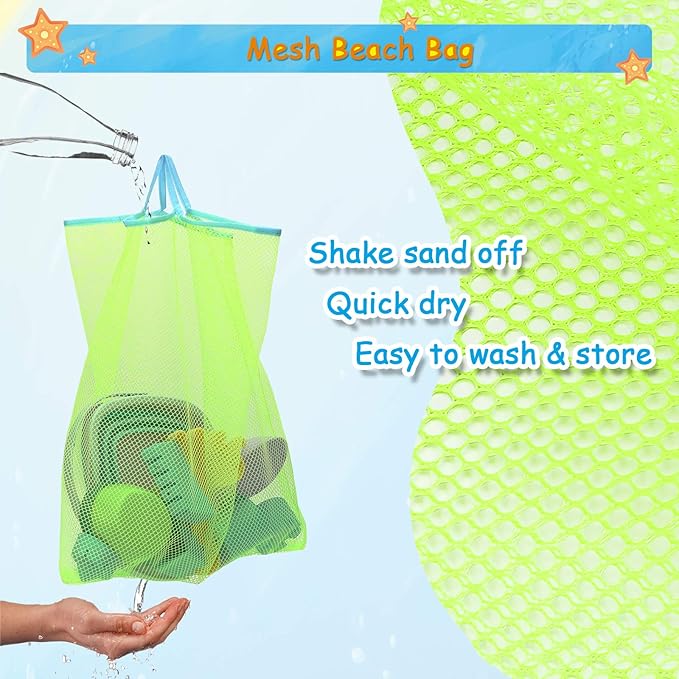Beach Toys Sand Set for Kids, Collapsible Bucket and Shovels with Mesh Bag, Molds, Flags, Sandbox Kids Toddlers, Travel (Tavel Size)