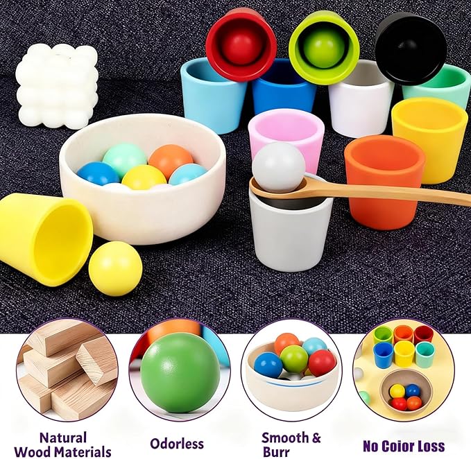 Balls in Cups Toddler Toys, Color Sorting & Matching Game, Wooden Educational Toy for Kids, Color Recognition, Concentration & Cognitive Skill Development, for 1-3 Years Old Toddlers