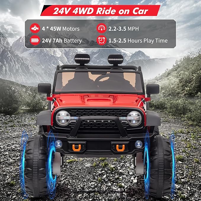 2 Seats 24V Kids Ride on Truck with Remote Control, Battery Powered Electric Ride Car Toy for 3-8 Years, 4 Motors,20" Seat Width for 2 Seaters, LED Light,Music,High/Low Speeds,Shovel, USB (Red)