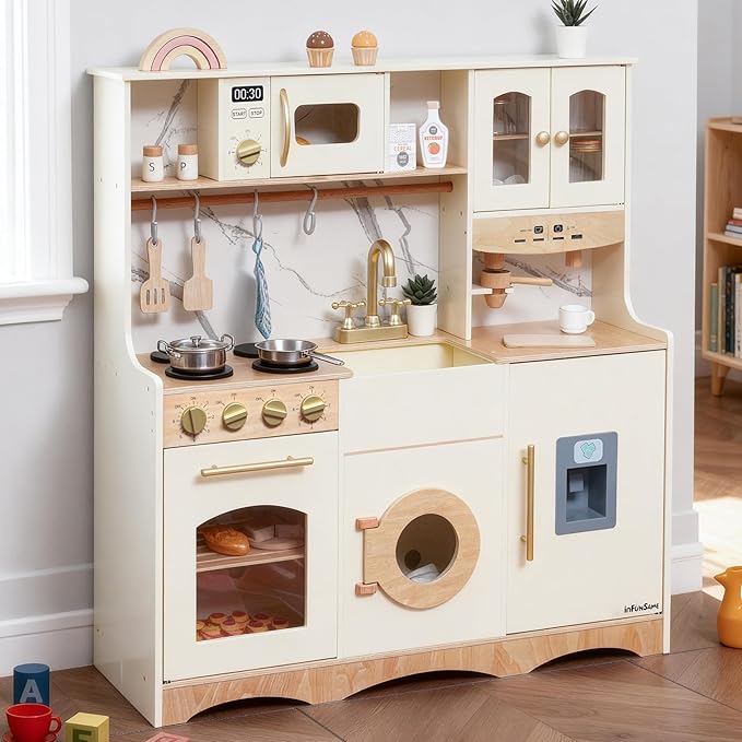 Wooden Play Kitchen for Kids and Toddlers with Realistic ICE Maker & Sounds,Toy Kitchen Set with 20 Accessories, Interactive Learning Toy for Pretend Play, Gift for Girls & Boys(Ages 3+)