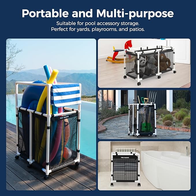 Pool Storage Bin, 45 Gallons, Holder for Noodles, Toys, Floats, Towels, Mesh Organizer for Swimming Equipments, Mini Style