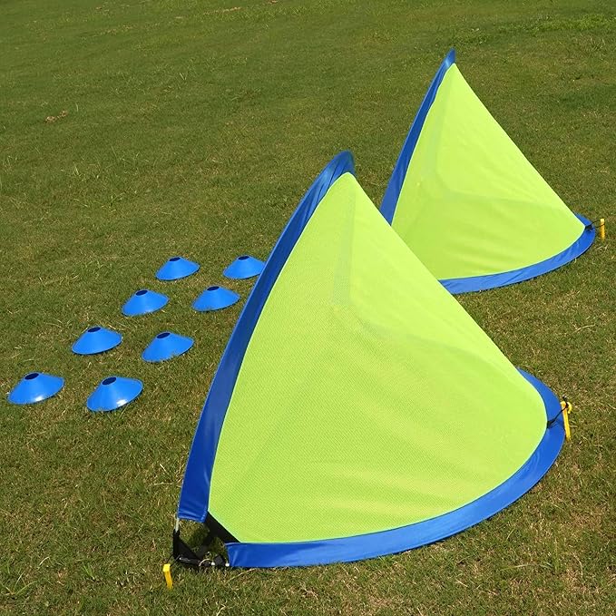 Poray Soccer Goal for Kid Easy-up Set of Two Portable Soccer Net 210D Oxford with 8 Field Marker Cones Extra Stakes Fun for Backyard and Soccer Training