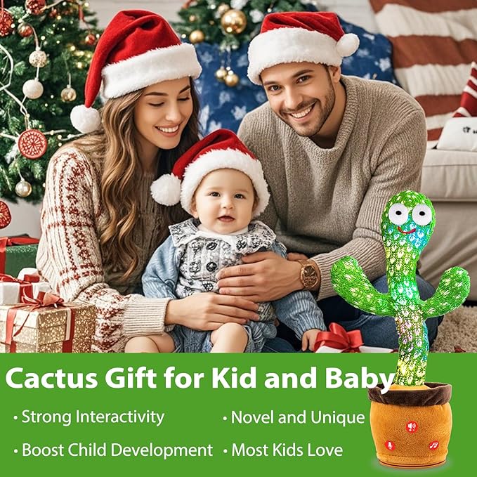 Rechargeable Talking Dancing Cactus Plush Toy for Baby Toddler 6-18 Months - Volume Adjustable Mimicking and Singing Cactus with Music & Light - Funny Birthday Gifts for 1 Year Old Boy Girl