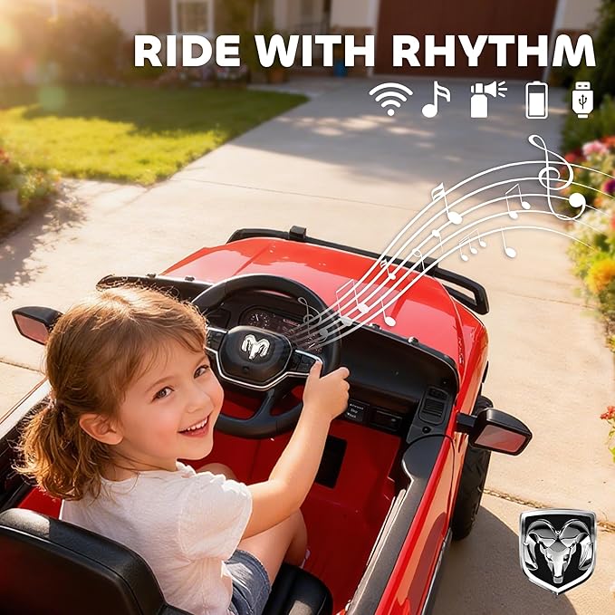 Qaba 12V Kids Ride on Car, Licensed Dodge RAM 3500 Electric Car for Kids with Dual Motors, Parent Remote Control, Rear Suspension, Power Display, Bluetooth Music and LED Lights, Red