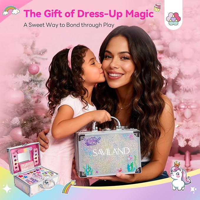 SAVILAND Kids Makeup Kit 32 Pcs: Toxic-Free Washable Makeup For Kids 5-12 Portable Real Toddler Kit with Eyeshadow Lip Gloss Cosmetic Case Birthday Christmas Gifts for Girls