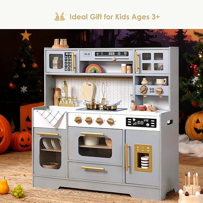 Wooden Play Kitchen for Kids – Pretend Play Kitchen Set with Realistic Stove, Sink, Coffee Maker, Ice Maker & 15 Fun Accessories, Toy Kitchen for Toddlers Ages 3+
