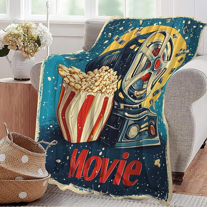 Movie Blanket Film Theater Cinema Popcorn Throw Blankets Gifts for Girls Boys Kids Movie Lover Soft Cozy Fleece Plush for Couch Sofa Bed 60"x50"