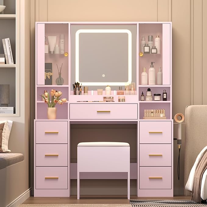 Pink Makeup Vanity Desk with Mirror & Lights, Modern Vanity Table with Charging Station, 7 Drawers, Glass Cabinet, Shelves & Cushioned Stool, Bedroom Dressing Table Set for Women & Girls