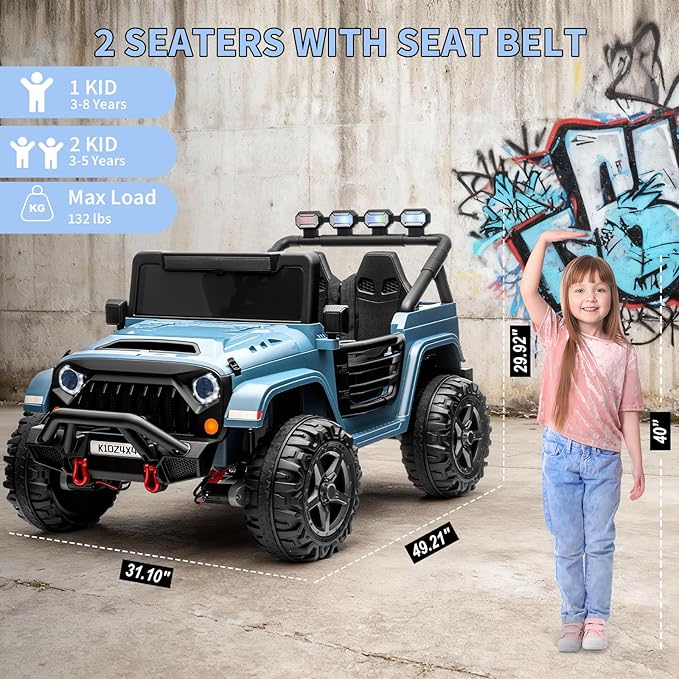 2 Seater Ride on Car Toy for Kids, 24V 4x4 Ride-on Truck, w/Parent Control, Soft Start, 3 Speed, 4-Wheeler Suspension, Bluetooth, LED Lights, Electric Car for Kids Toddler Ages 3-8, Blue