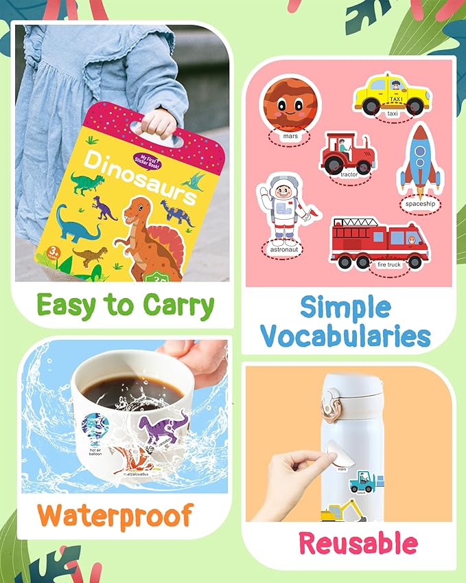 Benresive Reusable Sticker Book for Toddlers 2-4 Years, 3 Sets Travel Stickers for Kids, Waterproof Sticker Books for Toddlers 1-3, Crafts Activities for Todddlers 1-3 2-4 3-5