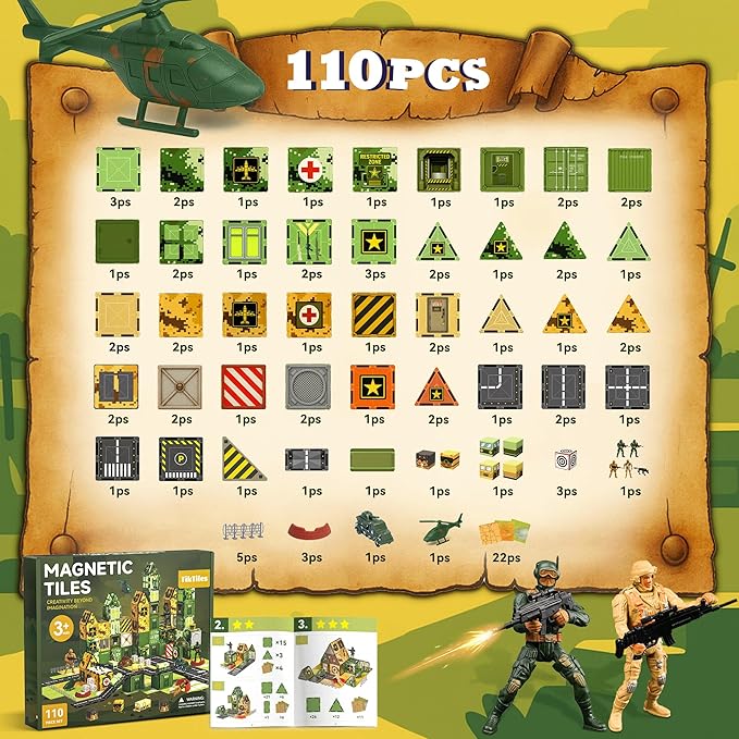 Magnetic Tiles Road Building Toys Set with Magnetic Blocks and Army Toys Accessories, Military Magnetic Blocks for Kids Ages 3-5 4-8, STEM Educational Sensory Magnet Toys Birthday Gifts for Boys Girls
