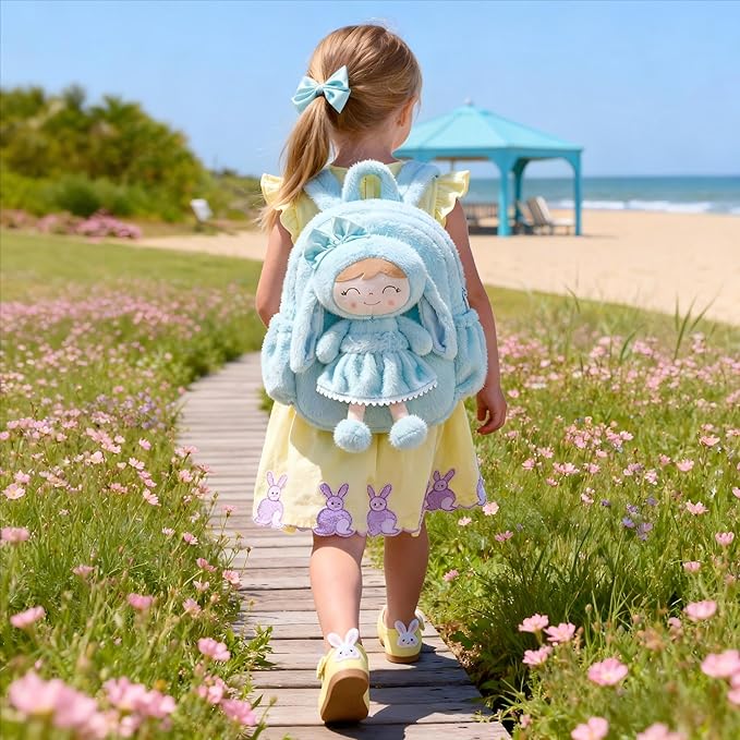 Gloveleya Back to School Gifts for Girls Toddler Backpack Kids Backpack Baby Girl Gift Plush Bag with Pure Blue Rabbit Doll Aged 2+