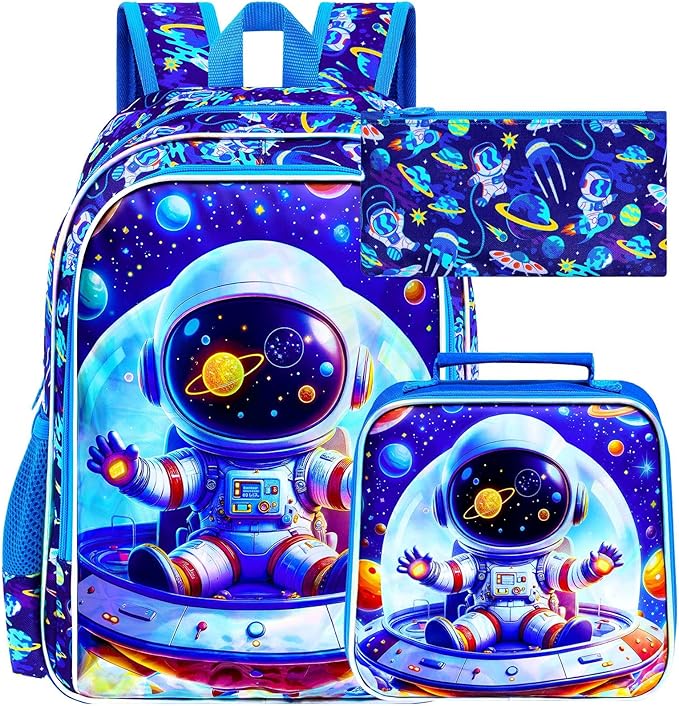 3Pcs Space Backpack for Boy, 16" Astronaut Bookbag for Elementary Preschool Kindergarten, Kids School Backpacks with Lunch Box (Blue)