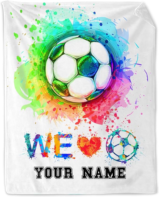 Personalized Soccer Throw Blanket with Name - Soft, Fuzzy & Warm - 50x60 Inches Throw Size Blanket for Couch, Office - Colorful Soccer Gifts for Girls, Boys