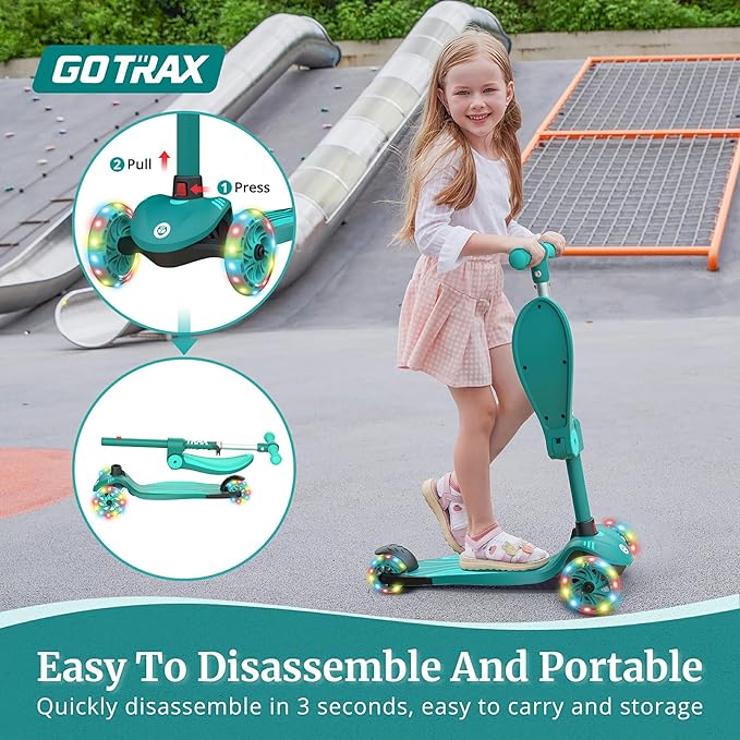Gotrax KS3 Kids Kick Scooter, LED Lighted Wheels, Adjustable Height Handlebars and Removable Seat, Lean-to-Steer & Widen Anti-Slip Deck, 3 Wheel Scooter for Kids Ages 2-8 and up to 100 Lbs