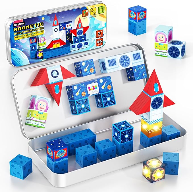 36 PCS Mini Magnetic Tiles Travel Set with Portable Iron Storage Box, STEM Learning Magnetic Building Blocks with LED Light-Up Glow in The Dark, Montessori Sensory Toys Gifts for Toddler, Boys & Girls