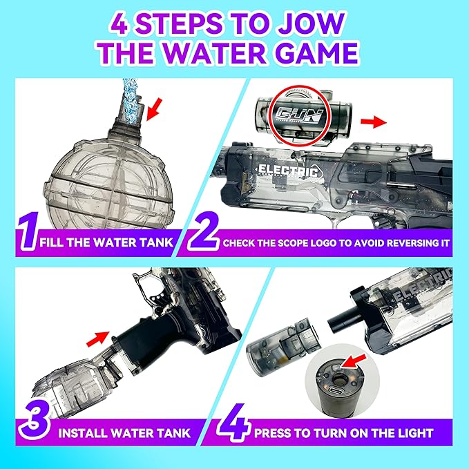 Electric Water Gun with Light Up,28-32 FT, Powerful High Powered Automatic Squirt Gun Fully Auto Water Blaster,Toy Game for Adult&Kid(Black)