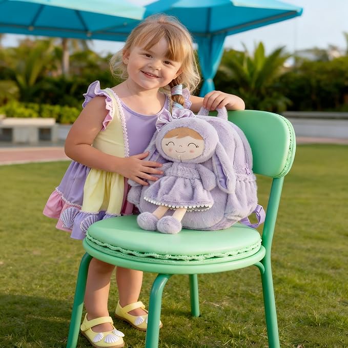 Gloveleya Back to School Gifts for Girls Bunny Toddler Backpack Plush Bag Baby Gift for Girl 2+ Years Old with Detachable Purple Rabbit Doll
