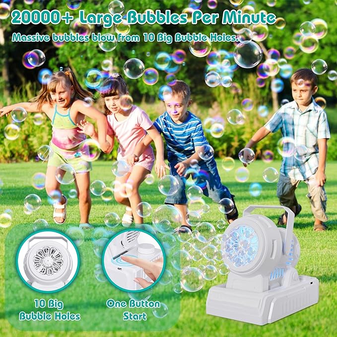 Panamalar Bubble Machine Adjustable Angle, 10 Big Holes Automatic Bubble Blower for Kids 20000+ Big Bubbles with Solution/Lights, Portable Outdoor Bubble Maker Toys for Garden Party Wedding-White