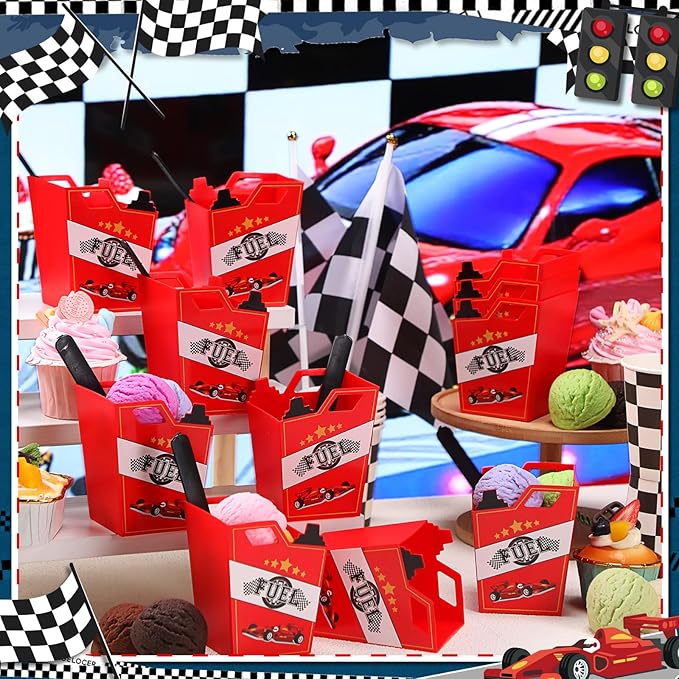 Uiifan 24 Sets Race Fuel Can Ice Cream Bowls Spoon Set Plastic Racing Car Frozen Yogurt Cups with Spoon Race Car Party Decorations for Kids Racing Theme Birthday Baby Shower Party Favors Supplies
