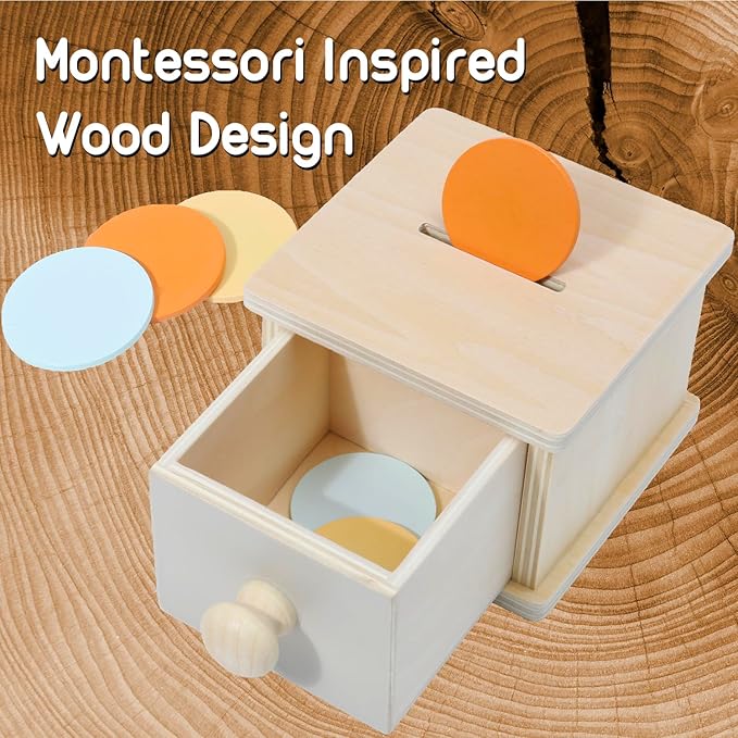 Montessori Coin Box, Montessori Toys for 1 Year Old Toddler Coins, Baby Wooden Toy Ball Infant Drawer Drop, 1+ Baby Essentials Object Permanence Learning