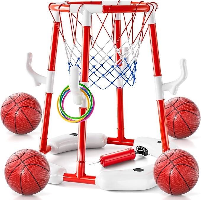 Pool Basketball Hoop Toys for Kids Ages 4-8 8-12 & Adult, Summer Outdoor Swimming Pool Games Water Play Toys Family Party for Kids, 2 in1 Pool Basketball Hoop & Ring Game with 4 Balls 12 Rings & Pump