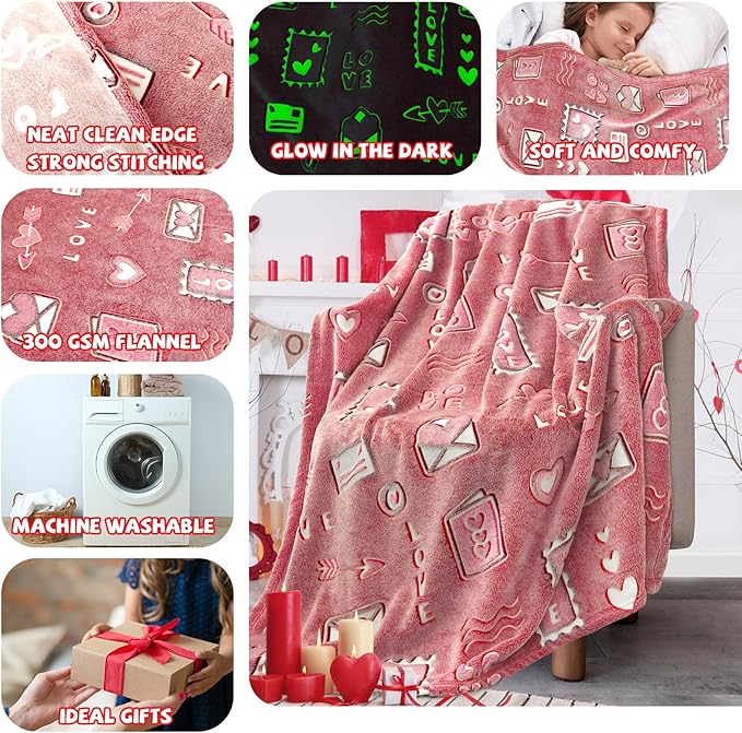 REXEO Heart Glow in The Dark Throw Blanket for Girls Women - I Love You Birthday Gifts for Wife Girlfriend Anniversary from Husband - Red Soft Cozy Blankets for Couch Bed Gifts for Mom 50"x60"