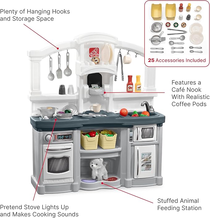 Step2 Fun with Friends Kids Kitchen Playset, Indoor/Outdoor Kitchenette, Interactive Play with Lights and Sounds, Durable Plastic, Includes 25 Piece Toy Accessories, Toddlers 2+ Years Old, Gray