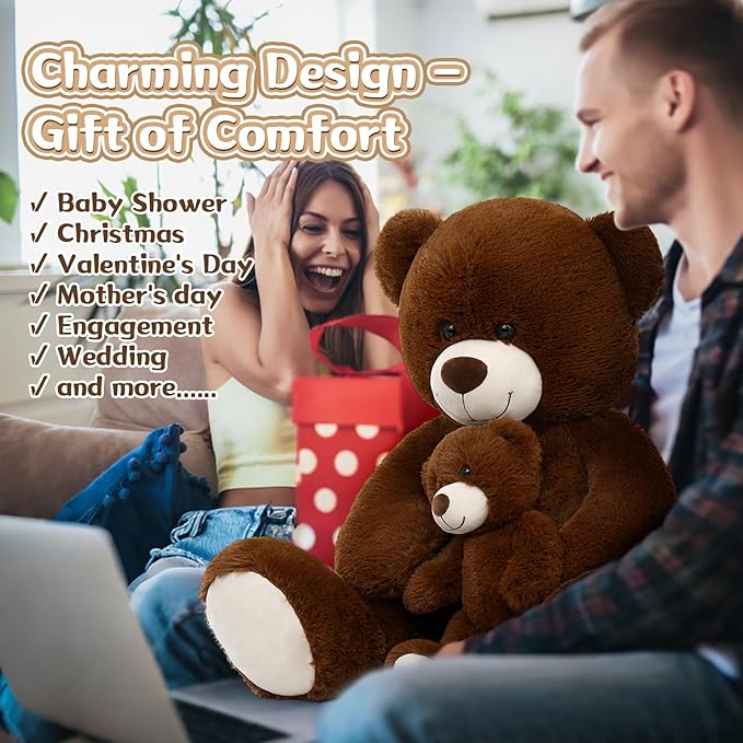 MorisMos Mom and Baby Giant Teddy Bear, 39inch Large Teddy Bears Stuffed Animal Plush for Baby Shower, Dark Brown