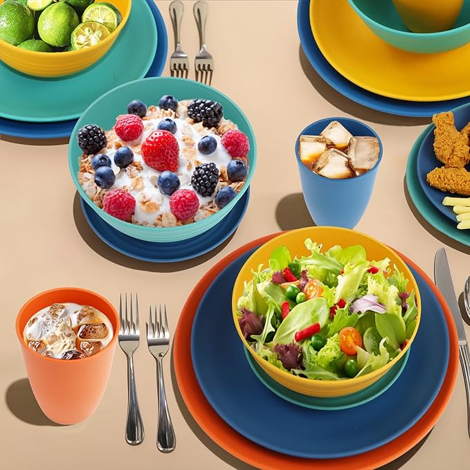 Wrova 40Pack plates and bowls sets for kids - Unbreakable wheat straw dinnerware sets service for 8 - Alternative plastic 40pcs dish sets for kitchen, camping and indoors dinning - (Colorful)