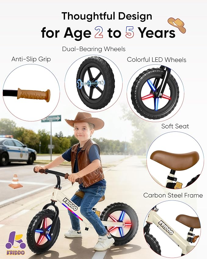 KRIDDO Toddler Balance Bike 2 Year Old, Kids Balance Bike for 2-5 Years Old, Dual Bearing for Smoother Riding, Adorable Plate, Adjustable Seat and Handlebar, Toddler Bike Gifts Age 2-3, LED-White