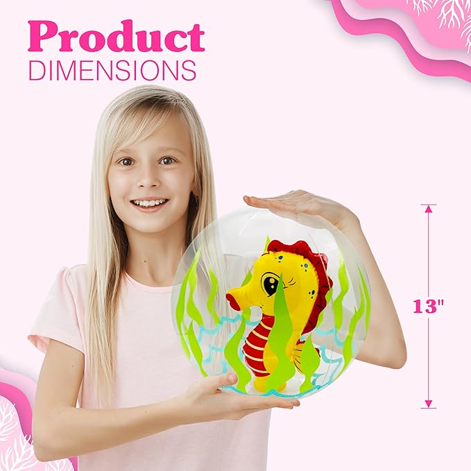 4E's Novelty 3D Beach Balls - 4 Pack 13" Inflatable Pool Toys, Flamingo, Mermaid, Shark, Sea Horse Unique Pool Ball, Ocean Under The Sea Party Decorations for Kids Toddlers Adult