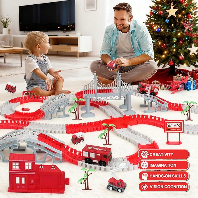 Race Car Track Set for Kids - Flexible Educational DIY Track Toy, Best Birthday Gift for Boys Ages 3 4 5 6 7, 330+ PCS with Fire Trucks and Helicopter
