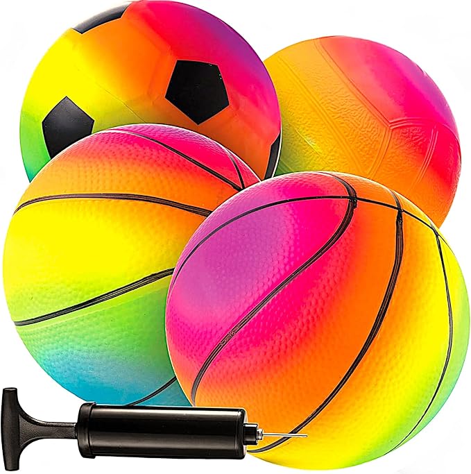 Bedwina Mini Rainbow Sports Balls - 5 Inch (Pack of 4) Inflatable Vinyl Balls for Kids and Toddlers with Hand Air Pump, Basketball, Volleyball, Soccer for Playground, Indoor and Outdoor