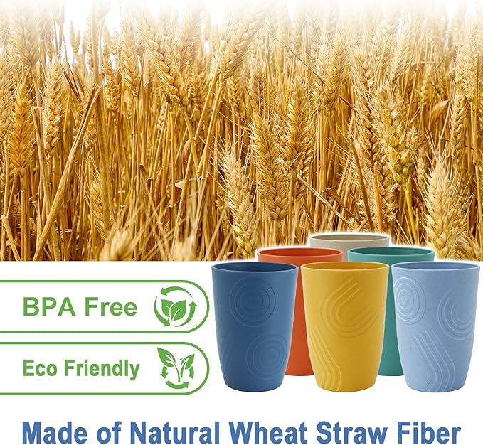 Wheat Straw Cups 6 PCS - 16 OZ Drinking Glasses, Unbreakable Large Cup, Lightweight Cup Set for Kitchen, Alternative to Plastic Cups Reusable Dishwasher Safe Water Tumbler (Multicolor)