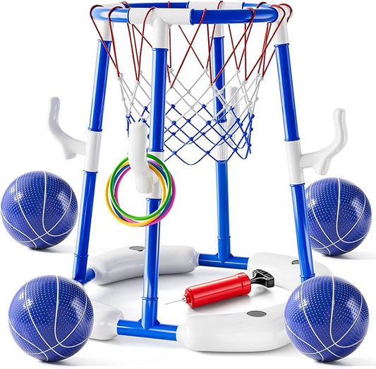 Pool Basketball Hoop Toys for Kids Ages 4-8 8-12 & Adult, Summer Outdoor Swimming Pool Games Water Play Toys Family Party for Kids, 2 in1 Pool Basketball Hoop & Ring Game with 4 Balls 12 Rings & Pump