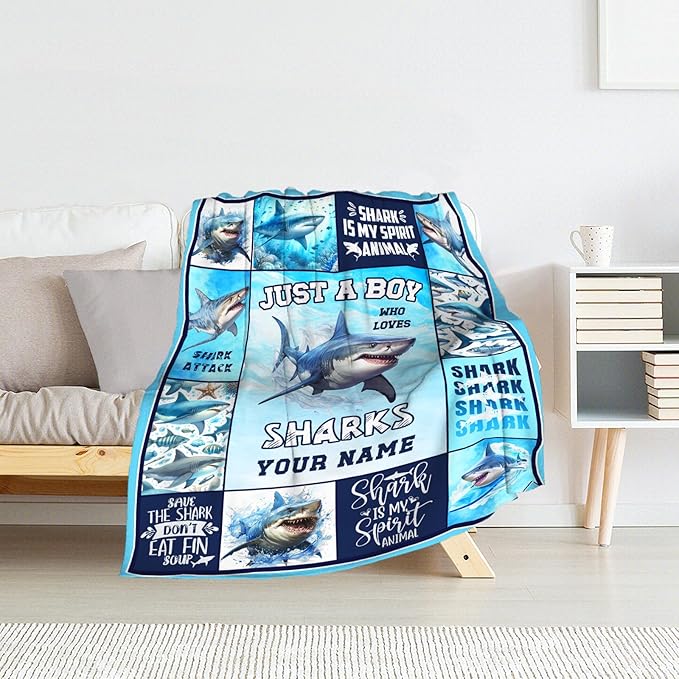Personalized Shark Gifts for Boys - 50 x 60 Inches Fuzzy Warm Flannel Blanket for Men - Colorful Cute Throw Blanket for Couch, Travel