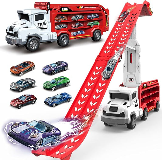 Toddler Car Truck Toys,Car Carrier Trucks Toy for Kids Age 3-5 4-8,Foldable Car Track Sets with 2.8-Ft Race Track and 6 Die-Cast Race Cars, Truck Toys Gifts for 3 4 5 6 7 8+ Year Old Boys Girls(Red)