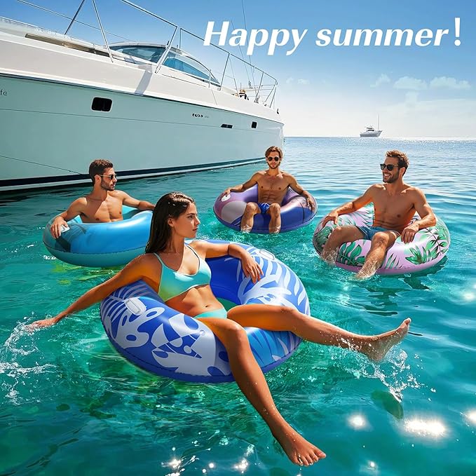 HeySplash Pool Tubes for Adult, 42 Inch Large Pool Floats with Handles, Inflatable Swim Rings Lounge, Hawaii Fun Swim Floaties Swimming Pool Beach Lake River Party Decoration Toys, Blue+White Leaves