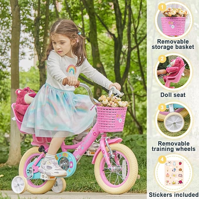 Glerc Maggie Girls Bike, 12-20 Inch Kids Bike for 2-13 Years Old Children, Princess Style Kids Bicycle with Doll-Seat & Basket & Training Wheels, Multiple Colors