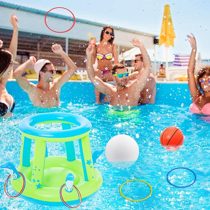 Jasonwell Pool Toys Games Set - 3 in 1 Pool Volleyball Net Basketball Hoop Ring Toss Game Inflatable Floats Water Floating Volleyball Swimming Pools Party Game Accessories Toy Gift Kids Teens Adults