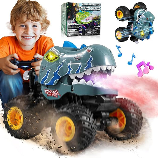 BEZGAR Monster Truck Toys - Remote Control Monster Truck with Spray, Light, Music, Dinosaur Toys for Kids, 1:20 Scale RC Truck with 360° Spins and Drifting, Remote Control Car for Boys 4-7 Gray