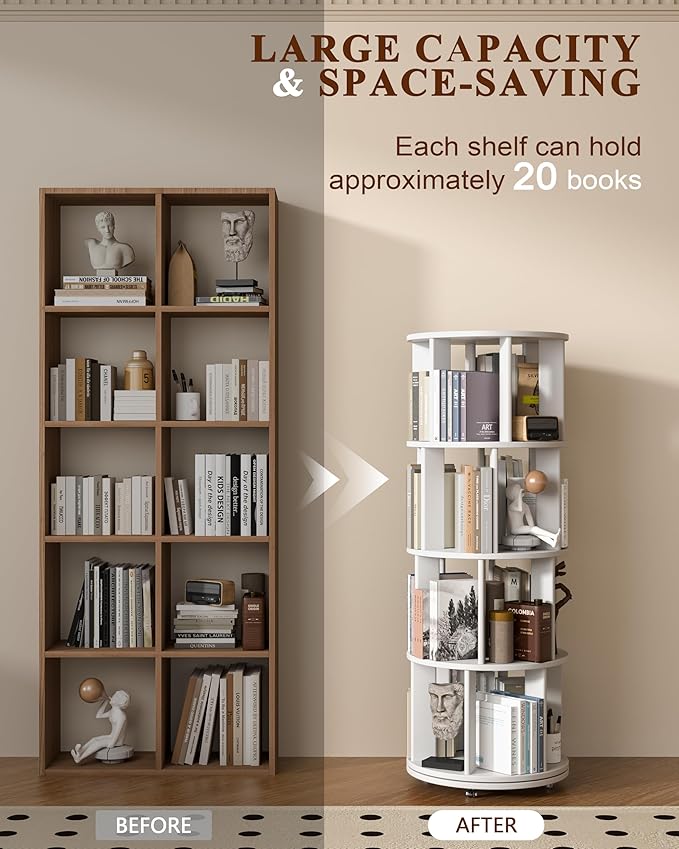 4-Tier Solid Wood Rotating Bookshelf on Wheels, 360° Spinning Book Shelf Tower, Round Revolving Bookcase Organizer, Rolling Bookshelves for Small Spaces, Corner, Bedroom, Kids Room, Office, White