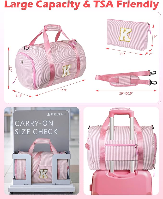 Dance Recital Gifts, Girls Travel Duffle Bag, Kids Initial Overnight Bags with Shoe Compartment, Personalized Weekender Bag with Makeup Pouch, Gift for 5 6 7 8 9 10 Year Old Kid (Letter G)