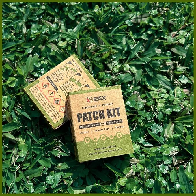 PAX 19Pcs Punctured Bike TPU Repair Tire Patch Kit, Contains 12Pcs 25mmØ Glueless Patches, 6Pcs Alcohol Prep Pads, 1Pc 5ml Rubber Cement, Punctured Tube Repair Kit for Bicycle, Inflatable Rubber